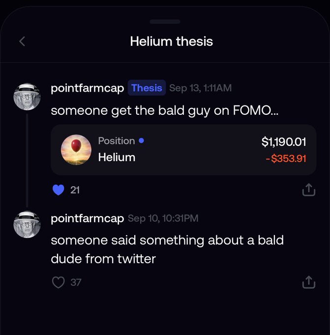 A dark-themed social media thread titled 'Helium thesis' shows posts by user 'pointfarmcap' discussing a 'bald guy' and displaying a position in Helium showing a loss of -$353.91.