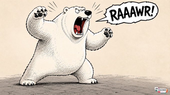The image features a cartoon polar bear with its mouth open wide and teeth showing, giving the impression that it's shouting or roaring. The background of the image is white, which contrasts with the black text surrounding the polar bear. The caption below the image reads "In today' @Unchained_pod Daily newsletter: Bitcoin hit $74,300 as ETFs shed $1.26B and liquidations neared $1B Vitalik:EF is going smaller - less ETH selling, back to basics SEC pulled its tokenized stocks exemption at the last minute Congress is probing Polymarket".