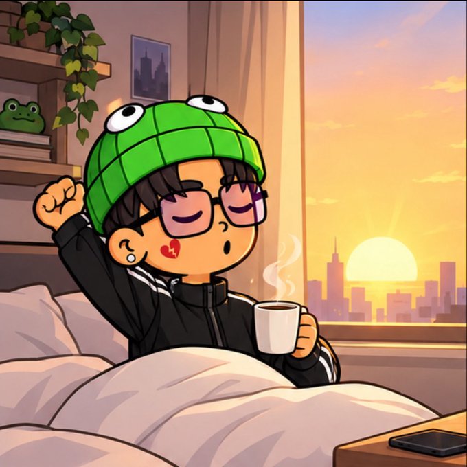 A cartoon-style illustration of a character wearing a green turtle-shell hat and black track jacket, sitting up in bed with a cup of coffee while looking out a window at a sunset over a city skyline.