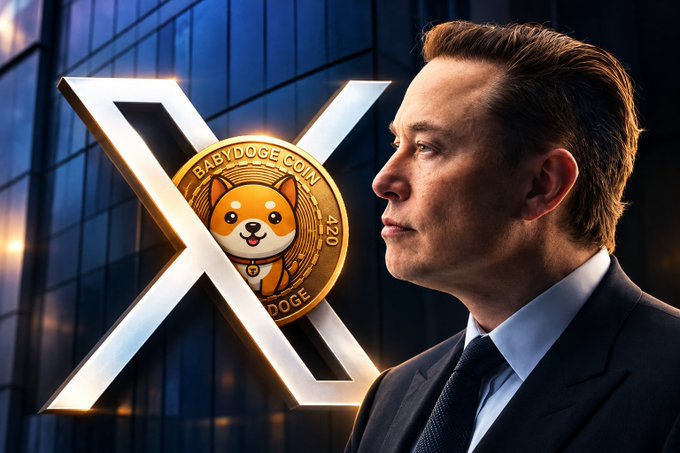 Elon Musk is shown in profile next to a large 'X' logo and a gold 'BABYDOGE COIN' cryptocurrency token featuring a Shiba Inu dog illustration.