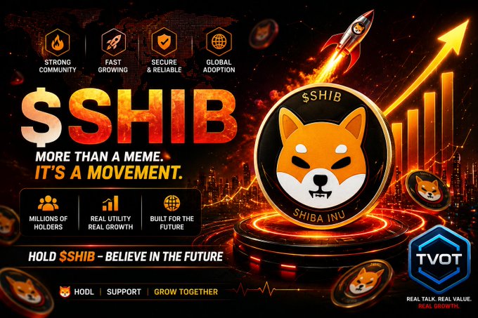 A promotional banner for the cryptocurrency $SHIB (Shiba Inu), showing its dog logo, a rocket launching, a rising arrow, and text including 'MORE THAN A MEME. IT'S A MOVEMENT.' and 'TVOT'.