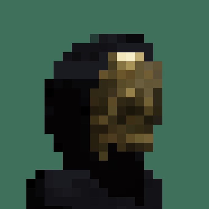 A heavily pixelated, low-resolution portrait of a person with dark hair against a solid green background.