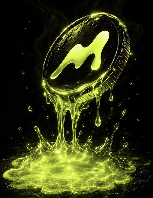 A coin with a stylized 'M' logo sits atop a pool of glowing green, dripping liquid against a dark background.