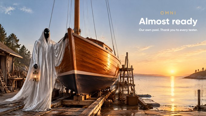 An OMNI ad shows a white-robed ghost-like figure holding a lantern beside a wooden sailboat at sunset, with the text “Almost ready” and “Our own pool. Thank you to every tester.”