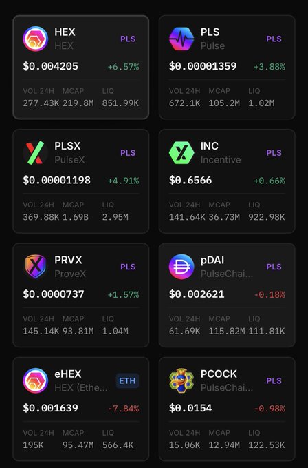 A crypto portfolio dashboard displaying HEX ($0.004205, +6.57%), PLS, PLSX, INC, PRVX, pDAI, eHEX, and PCOCK with their prices and 24h changes.