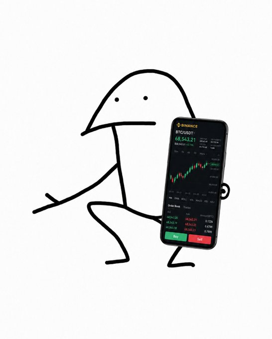 A simple stick figure sits relaxed while holding up a smartphone displaying the Binance trading app with BTC/USDT priced at $68,543.21 and an order book showing Buy/Sell buttons. The minimalistic doodle humorously suggests that simply displaying crypto charts and trade options is enough to attract a trader's attention.