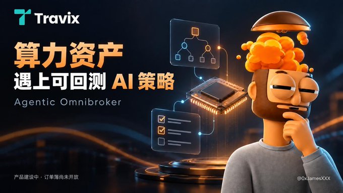 Travix promotional image for 'Agentic Omnibroker' featuring a 3D cartoon character thinking next to AI-related graphics and Chinese text about compute assets meeting AI strategies.