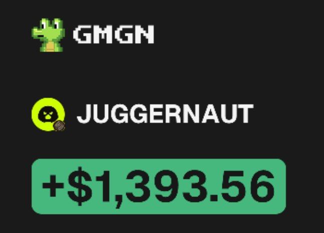 A screenshot showing a stock portfolio gain, featuring GMGN (with a crocodile logo) and JUGGERNAUT (with a green skull icon) totaling **+$1,393.56**, shared alongside a casual comment about completing a routine 3x DCA strategy. The image highlights the profits earned from the position, matching the relaxed, celebratory tone of the caption.
