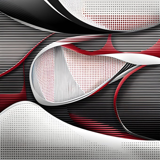 An abstract digital artwork featuring flowing, wave-like ribbons in black, white, and red with halftone dot patterns.