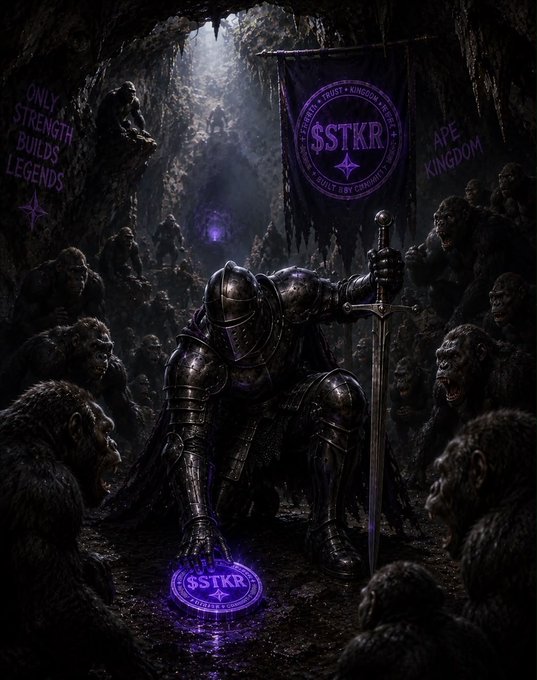 A dark fantasy digital artwork showing a knight in full black armor kneeling with a sword planted in the ground, surrounded by apes in a cave, with purple neon branding for 'SSTKR' and text reading 'ONLY STRENGTH BUILDS LEGENDS' and 'APE KINGDOM'.