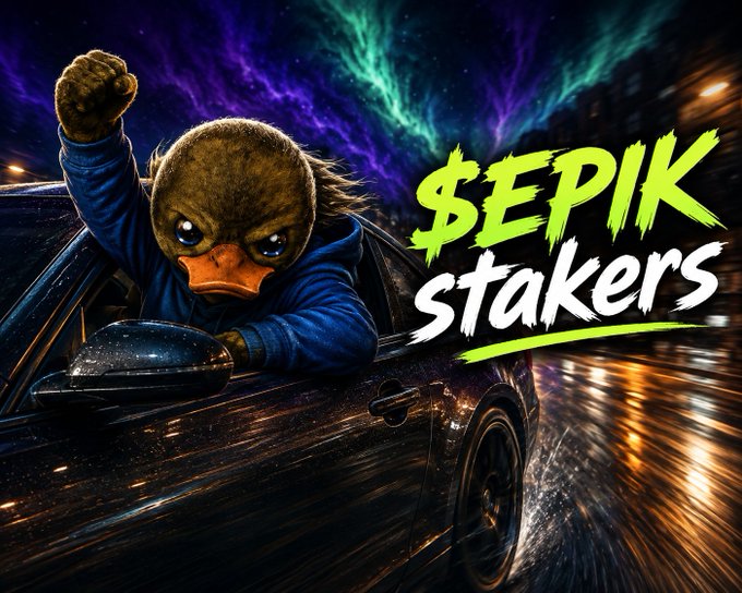 A stylized graphic featuring an angry duck character leaning out of a car window with a raised fist, with the text '$EPIK stakers' in bright green and white.