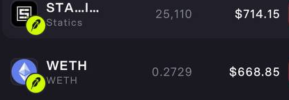 A cryptocurrency wallet interface showing balances of 25,110 STA (valued at $714.15) and 0.2729 WETH (valued at $668.85).
