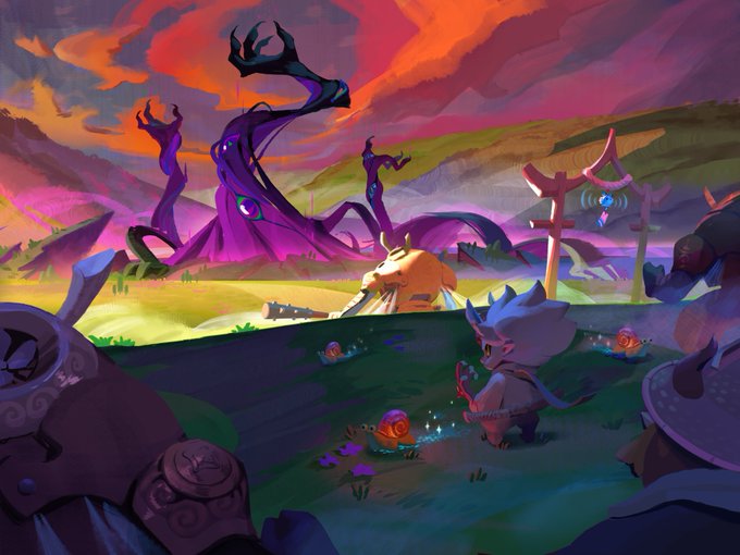 A character in a horned helmet and staff stands before a giant purple octopus-like creature rising over a vibrant, otherworldly landscape, depicting the fantasy realm of Lunacia—a digital nation from the Axie Infinity ecosystem where players' decisions shape the world.