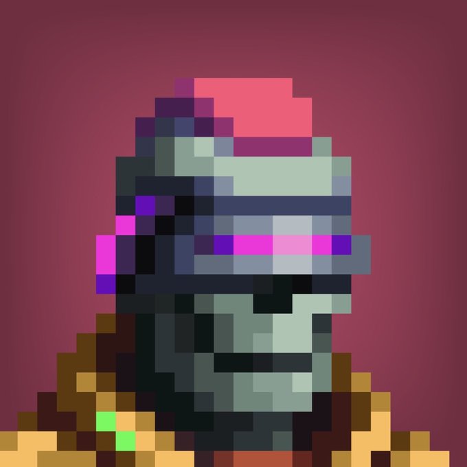 A pixel art illustration of a Stormtrooper helmet with neon pink and purple accents against a dark red background.
