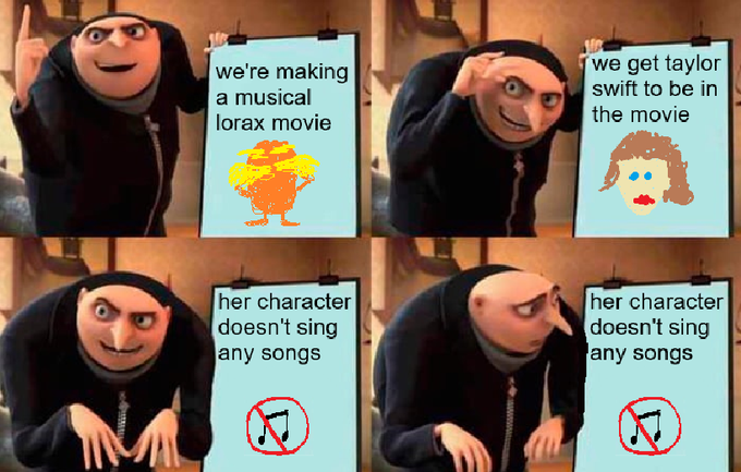 A four-panel Gru's plan meme announcing a 'lorax movie' starring Taylor Swift, with subsequent panels stating 'her character doesn't sing any songs' accompanied by crossed-out music notes.