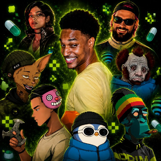 This image features a vibrant collage of characters, including a smiling man, a Pudgy Penguin NFT, and various other stylized figures, likely representing the author's favorite Web3 elements. The "69" on the bunny character's beanie could subtly reference the meme coin aspect of the post.