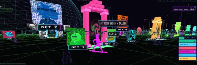 The image showcases a virtual "Lost Pixel Legacy" NFT gallery in a vibrant, retro-grid digital environment, featuring glowing neon structures and floating displays of NFTs labeled "NFT 1," "NFT 2," and "NFT 3" alongside various crypto wallet addresses. The futuristic gallery aligns with the post promoting a free mint giveaway of 10,000 LPC NFTs, emphasizing the digital, blockchain-driven nature of the collection.