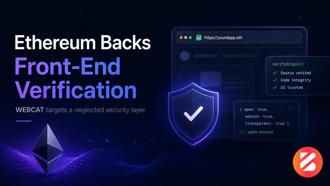 A promotional graphic announcing "Ethereum Backs Front-End Verification," highlighting that WEBCAT targets a neglected security layer, with the Ethereum logo and visuals of a browser shield verifying source, code integrity, and UI trust.