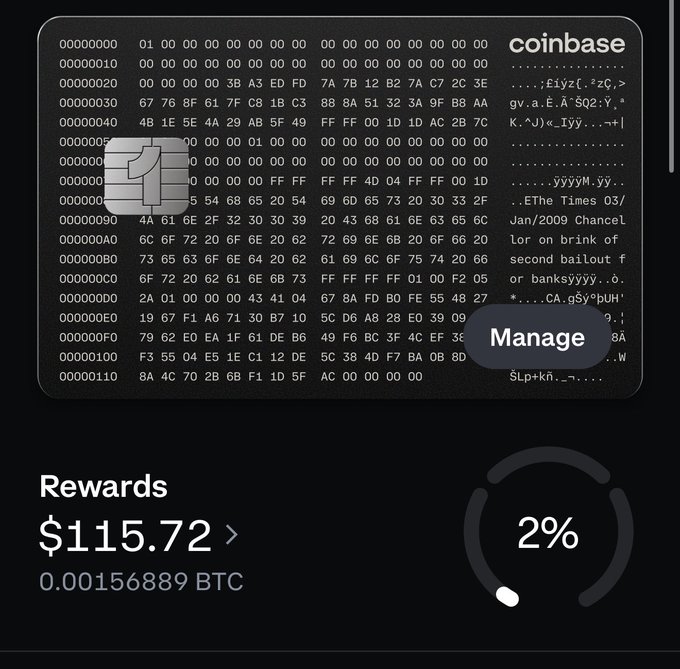 The image shows a credit card reader, possibly an EMV reader or a chip reader, with a black background displaying various numbers and letters. The text "coinbase" can be seen at the top of the image. Below this, there is a list of rewards that include points for purchases made on the card. The post also mentions that the user has earned 2% in rewards from their transactions.