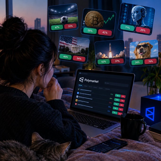 A woman sits in a dimly lit room looking at a laptop displaying the "Polymarket" prediction platform, surrounded by floating holographic cards showing betting odds on topics like soccer, Bitcoin, AI, and the White House.