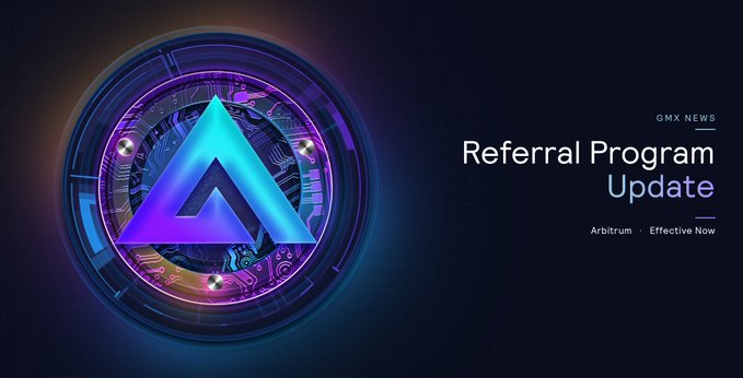 A dark promotional banner features a glowing purple and blue geometric logo with the text 'GMX NEWS', 'Referral Program Update', and 'Arbitrum - Effective Now'.