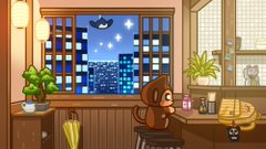 A pixel-art style illustration of a cozy room at night with a woman sitting by a large window overlooking a starry cityscape with a UFO, featuring hanging plants, a candle, and warm interior lighting.