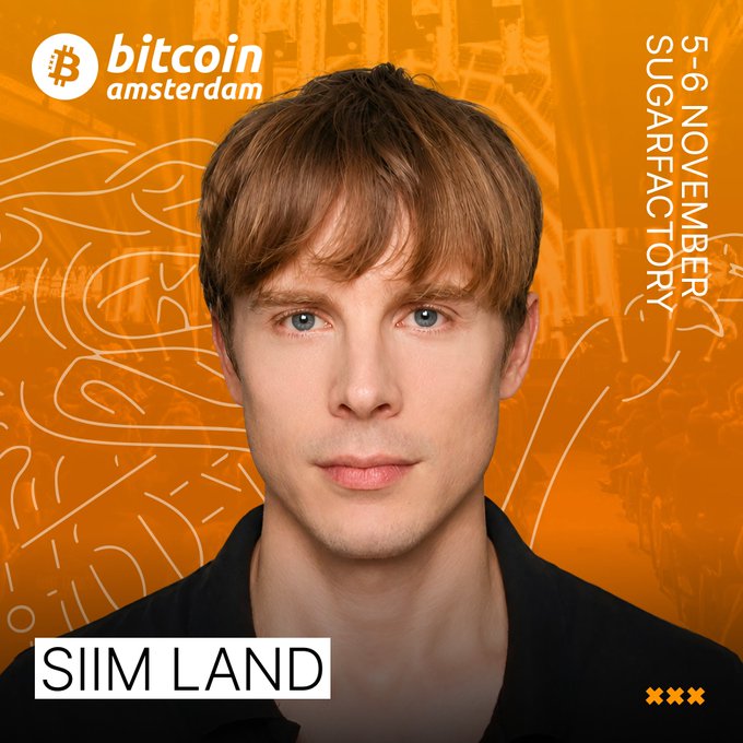 A promotional graphic for the 'bitcoin amsterdam' event featuring a portrait of Siim Land and text for a presentation titled '5-6 NOVEMBER SUGARFACTORY'.