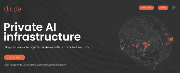 A website banner for 'diode' advertising 'Private AI infrastructure' with the tagline 'Rapidly innovate agentic systems with automated security,' featuring a dark world map with glowing orange dots and a 'GET A DEMO' button.