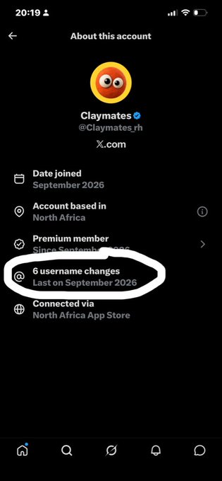A mobile screenshot of an 'About this account' page for 'Claymates' (@Claymates_rh) with a hand-drawn white circle highlighting the text '6 username changes'.