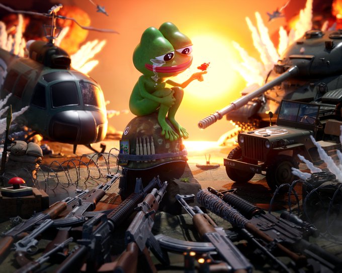 A green Pepe the Frog, smoking a cigar and holding a rose, sits atop a military helmet surrounded by assault rifles, tanks, and helicopters against a fiery sunset—capturing the "thinking about the chaos" mood of the post, where the frog calmly reflects amid an overwhelming arsenal of weapons, mirroring the author's contemplation of the NFT space's turmoil.