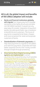 The image shows a slide from a BIS (Bank for International Settlements) presentation titled "All in all, the global impact and benefits of ISO 20022 adoption will include:" with bullet points discussing financial institution impacts, domestic payment standardization, and central bank digital currencies like mBridge being implemented in CBDC contexts—relating to XRP's Project mBridge, which is a BIS Innovation Hub initiative exploring CBDC interoperability using distributed ledger technology.