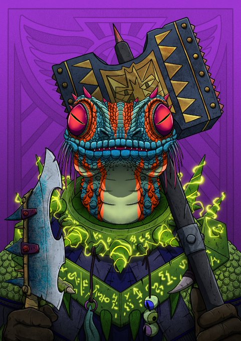 A fantasy-style illustration of a reptilian warrior with glowing red eyes, holding a jagged axe and a spiked mace, wearing an ornate helmet and a green cowl emitting bright magical energy, set against a purple background with a winged emblem.