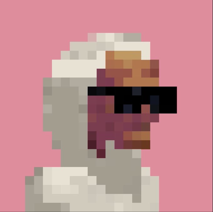 A pixel art profile portrait of a person with white hair wearing dark sunglasses, set against a solid pink background.