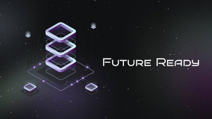 Futuristic graphic with glowing purple stacked cube icons and the text 'FUTURE READY' set against a dark starry background.