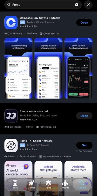 The image shows an App Store search for "Fomo" displaying Coinbase's ad at the top, which promotes the platform with "Trade everything on Coinbase" alongside screenshots showing crypto trading features and prices like BTC at $33,683.80. Below it appears the actual "fomo" app, an AI social network, creating an ironic situation where Coinbase is running App Store ads that appear when users search for the unrelated "fomo" app—which humorously relates to the post's comment about Coinbase capitalizing on the "fomo" (fear of missing out) phenomenon to advertise crypto trading.