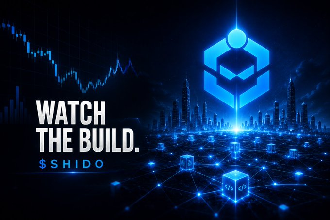 A dark blue promotional graphic featuring the text 'WATCH THE BUILD.' and '$SHIDO' alongside a glowing hexagonal logo and a stylized cityscape with network connections.