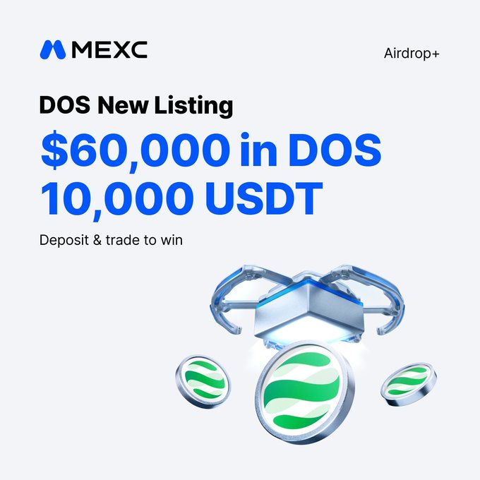 MEXC Airdrop+ promotional graphic announcing 'DOS New Listing' with a prize pool of '$60,000 in DOS' and '10,000 USDT', featuring a 3D treasure chest and green tokens.