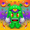 A green cartoon monster character icon is set against a purple background decorated with watermelon slices, hearts, and pizza slices.