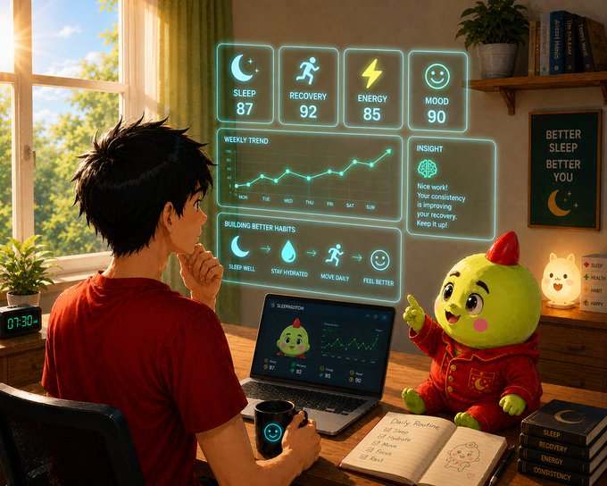 An illustration of a boy at a desk looking at a glowing 'SleepWatch' health dashboard displaying metrics for Sleep (87), Recovery (92), Energy (85), and Mood (90), alongside a green cartoon character.