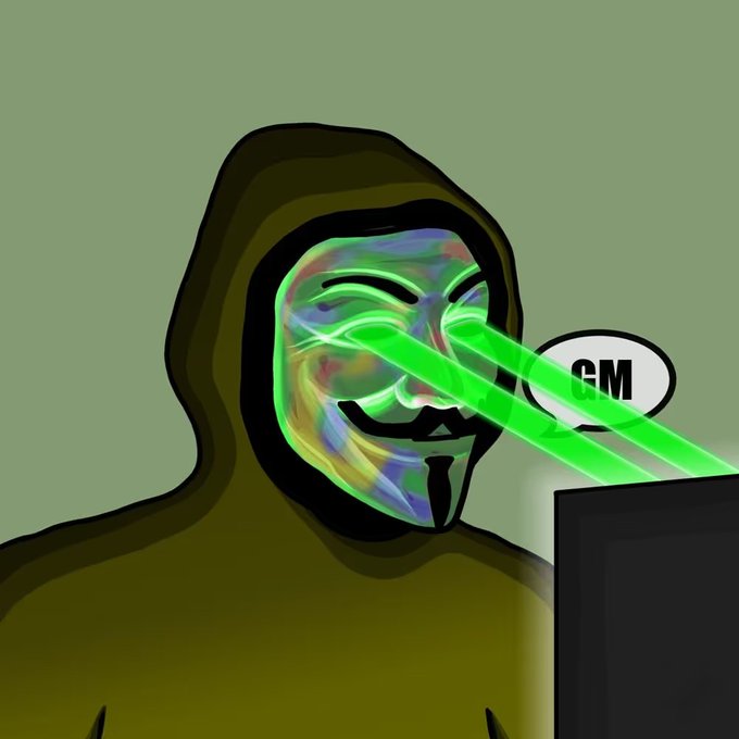 A digital illustration of a hooded figure wearing a Guy Fawkes mask with glowing green laser beams emitting from the eyes, with a speech bubble reading 'GM'.