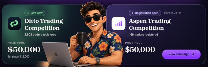 Promotional banner featuring a cartoon illustration of a man with sunglasses holding a coffee cup and laptop, advertising the 'Ditto Trading Competition' (Live now, $50,000 prize pool, 2,808 traders registered) and 'Aspen Trading Competition' (Registration open, $50,000 prize pool).