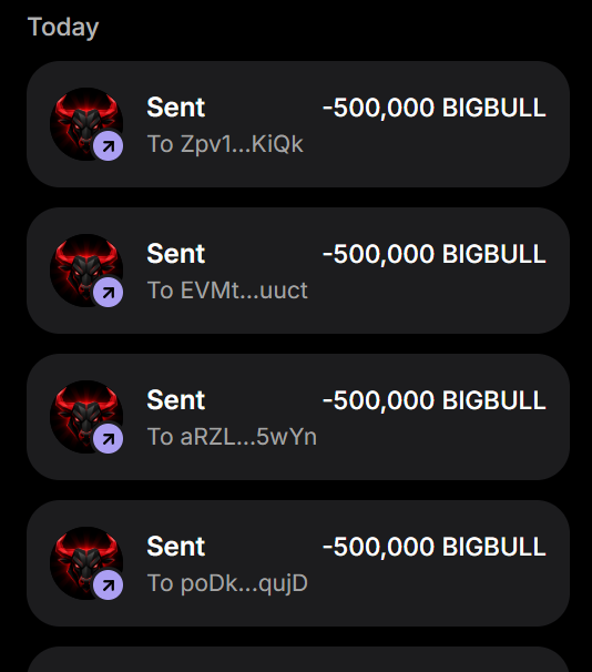 The image shows a transaction history displaying four 500,000 BIGBULL token transfers sent to different wallet addresses (Zpv1...KiQk, EVMt...uuct, aRZL...5wYn, and poDk...qujD) on what appears to be today's date. This serves as "proof" of the airdrop claim, though the screenshot actually shows outgoing transfers rather than received tokens, which is a common tactic in crypto scam posts promoting fake $BIGBULL airdrops on Solana.