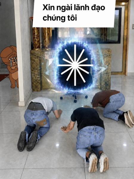 Three people kneel and bow reverently before a glowing "AXIS" logo with a starburst design, while a cartoon dog watches from behind a column. The Vietnamese text "Xin ngài lãnh đạo chúng tôi" translates to "Please lead us, sir," humorously depicting the post's message about followers pledging loyalty to Axis Robotics after their impressive $12 million fundraising success in the Physical AI sector.