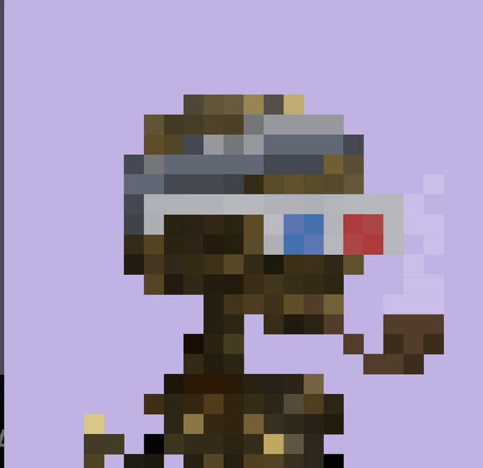 A pixel art character in profile view wearing 3D glasses (red and blue/cyan) against a light purple background.