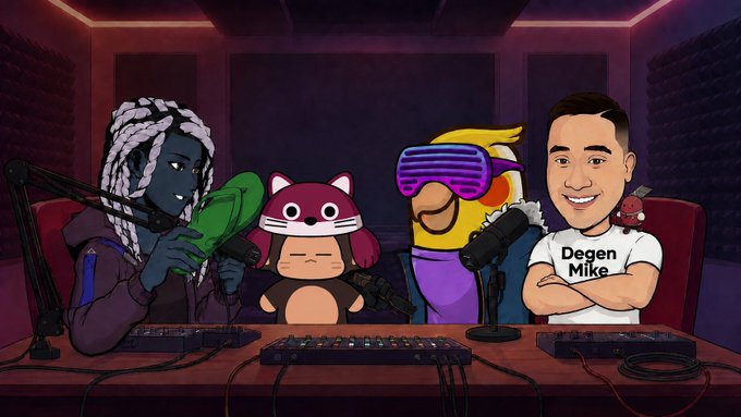An animated illustration of a podcast featuring four cartoon characters, including one wearing a "Degen Mike" shirt, sitting at a table with microphones and an audio mixer.