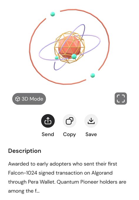 A mobile app screen displaying a 3D geometric NFT of a red sphere surrounded by orbital rings and teal nodes, with buttons for '3D Mode', 'Send', 'Copy', and 'Save'.