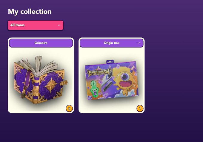 A 'My collection' screen from a digital game or app, displaying two items: a purple 'Grimoire' book and an 'Origin Box' featuring an 'EVERDRAW' package.