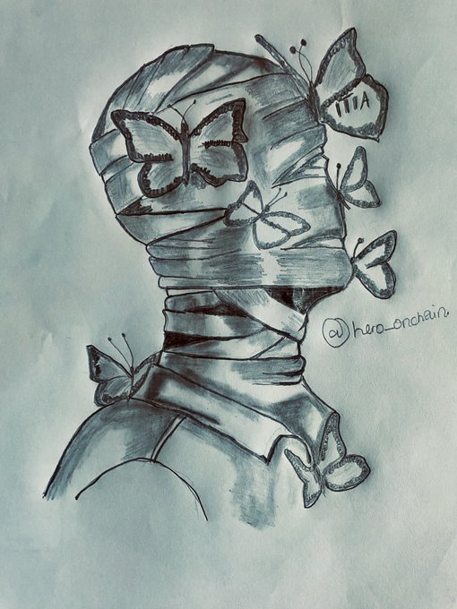 A charcoal and watercolor-style sketch of a figure with a bandage-wrapped head surrounded by several butterflies, signed '@hira_orchaira' on a light blue background.