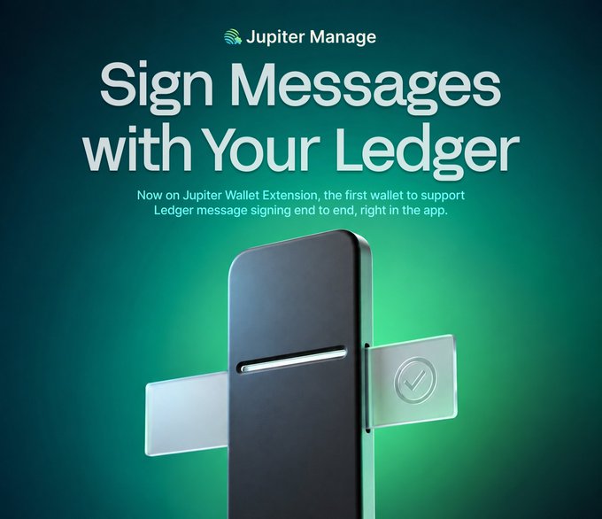 A Jupiter Manage promotional graphic reads 'Sign Messages with Your Ledger' and notes the feature is 'Now on Jupiter Wallet Extension, the first wallet to support Ledger message signing end to end, right in the app,' shown with a green-lit Ledger device.