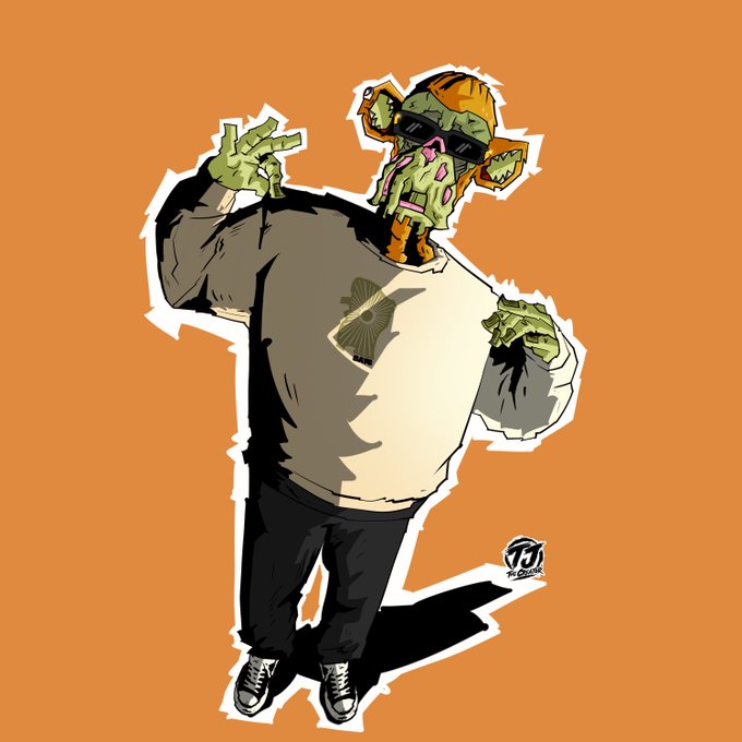 Illustrated cartoon of a green-skinned goblin-like character wearing an orange beanie, sunglasses, and a beige sweatshirt, posing with hand gestures on an orange background.